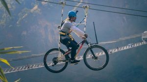 World cyclist Baral rides bicycle on zipline
