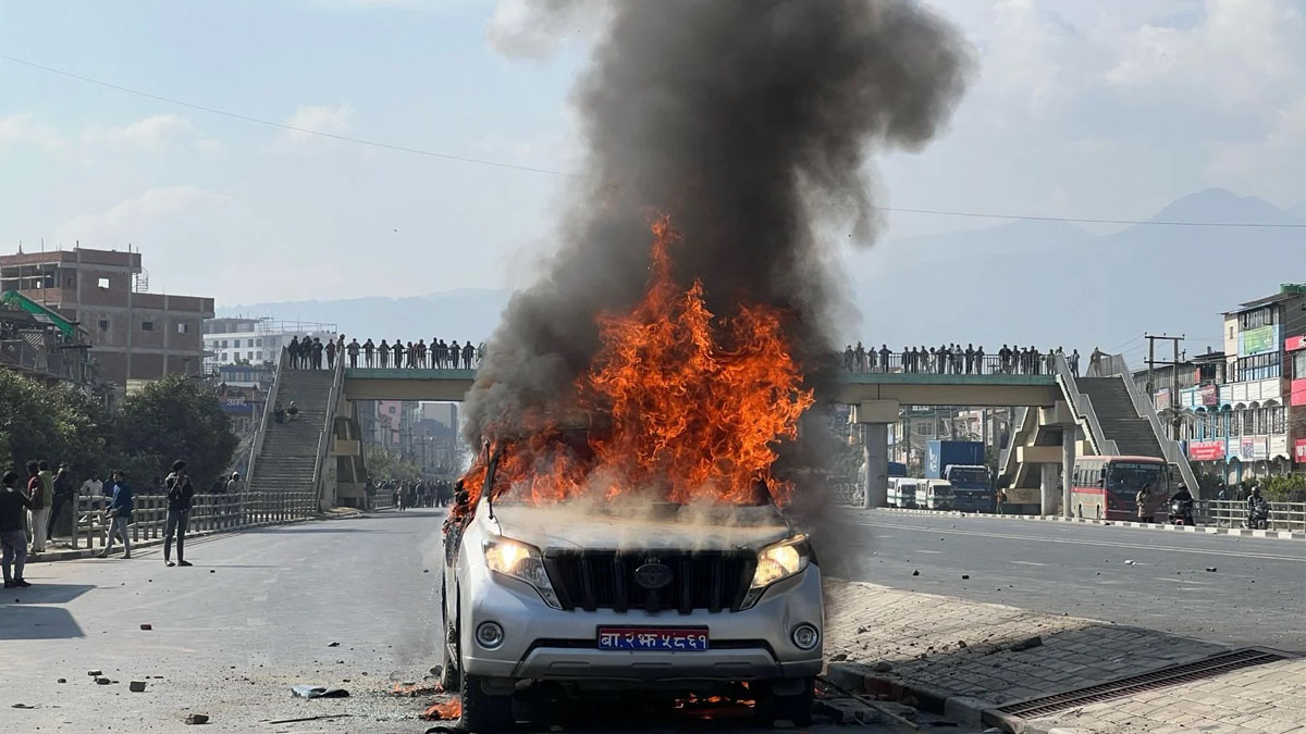 Minister’s Car Torched in Protest at Balkumari, Lalitpur