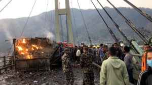 Transportation halted on Karnali Bridge after 14 support wires damaged partially in fire